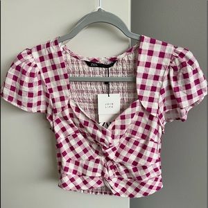 Zara Cropped Checkered Blouse Women XS NEW WITH TAGS